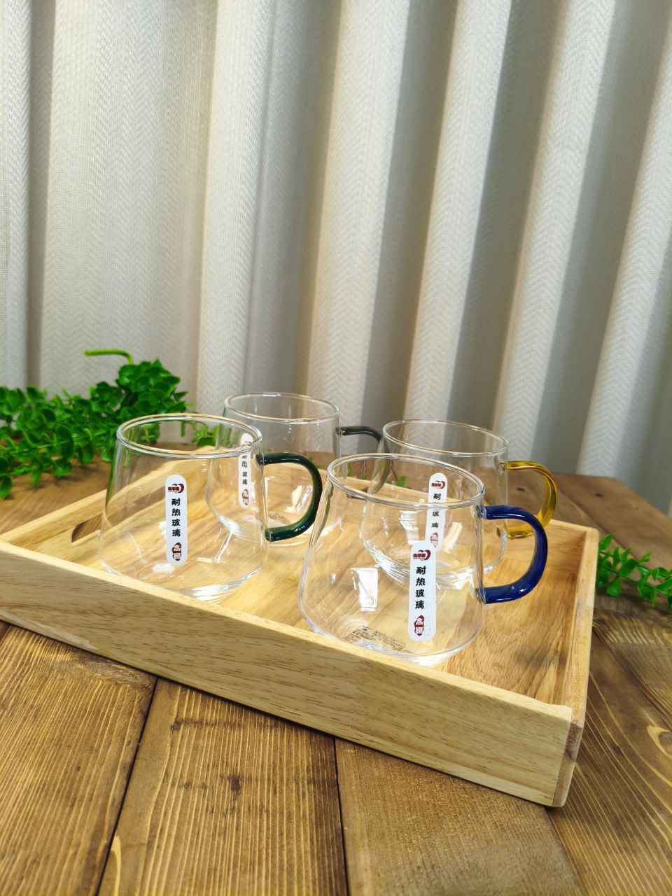 لیوان پیرکس دلی دسته رنگی خمره‌ای 4 عددی