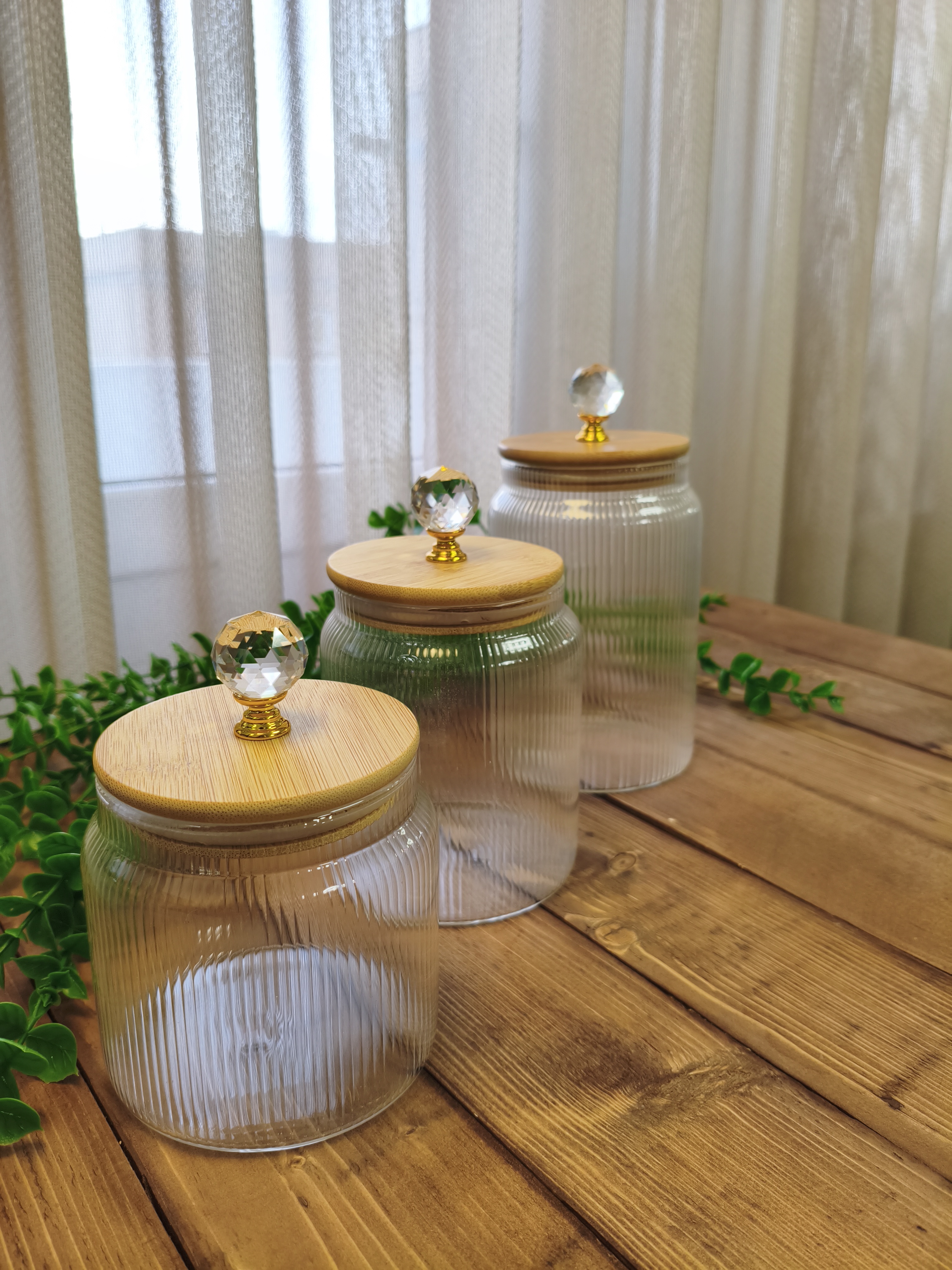 بانکه پیرکس گرد شیار دار درب بامبو دسته الماس ۳ عددی