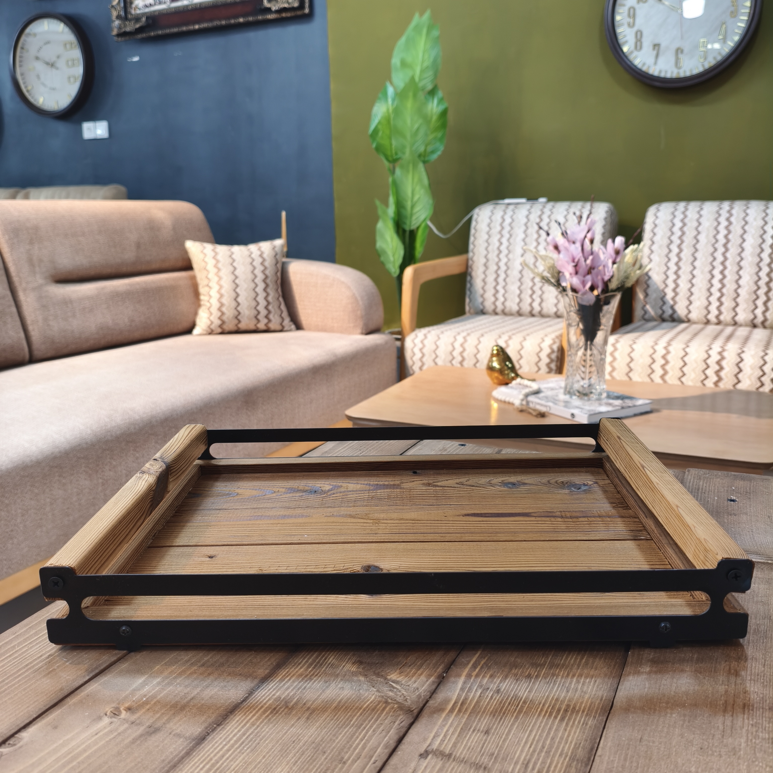 سینی چوبی دسته فلزی