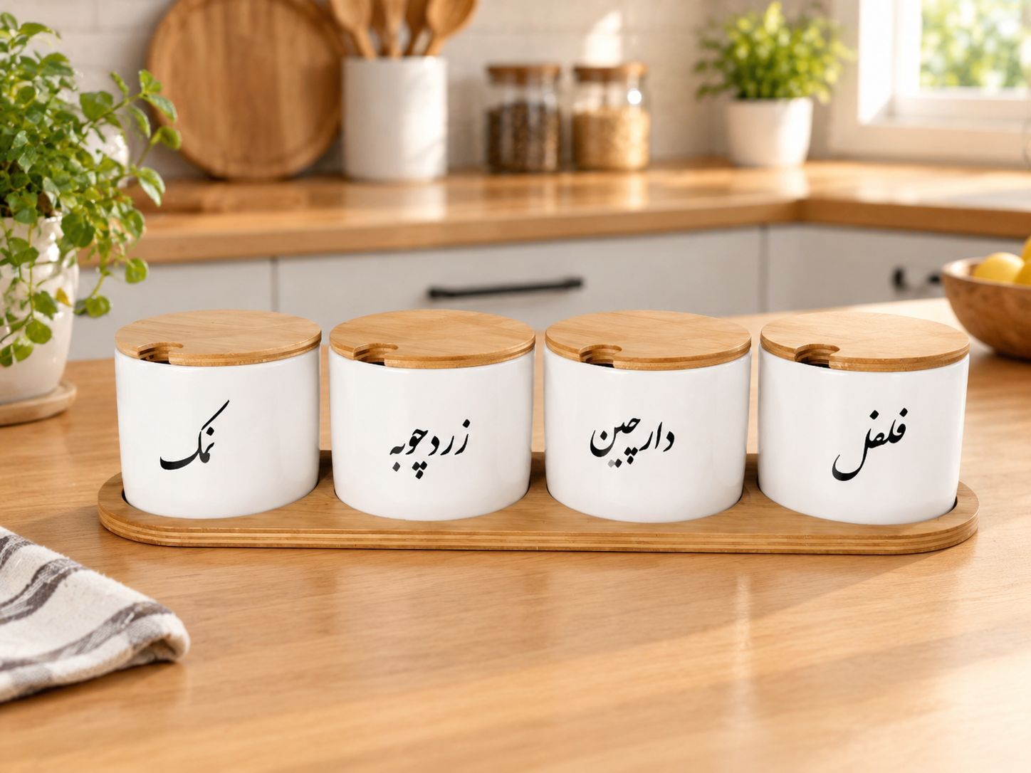 ست جا ادویه 4 تایی کوتاه زیر چوبی  سرامیکی